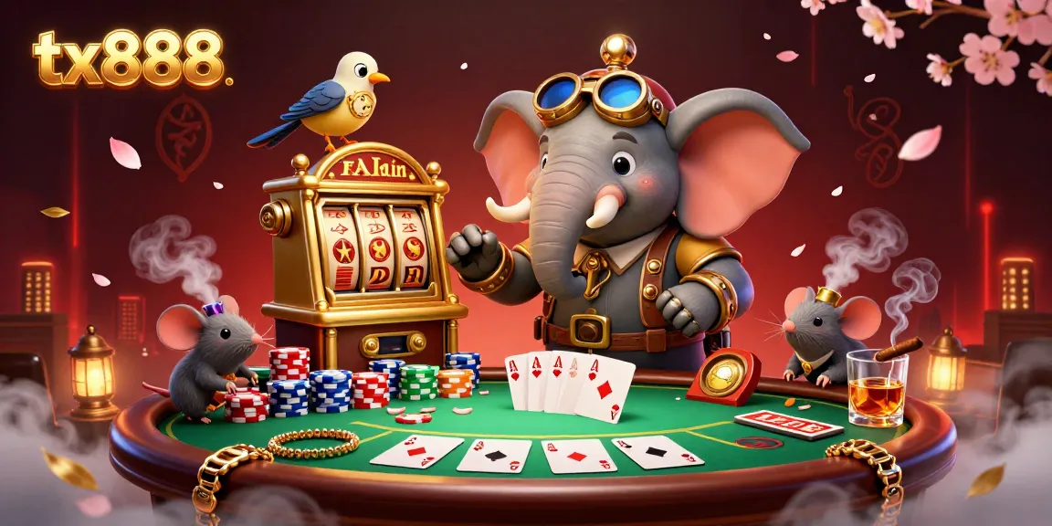 Engage in the tx888 gaming experience with vibrant steampunk characters and colorful casino elements.