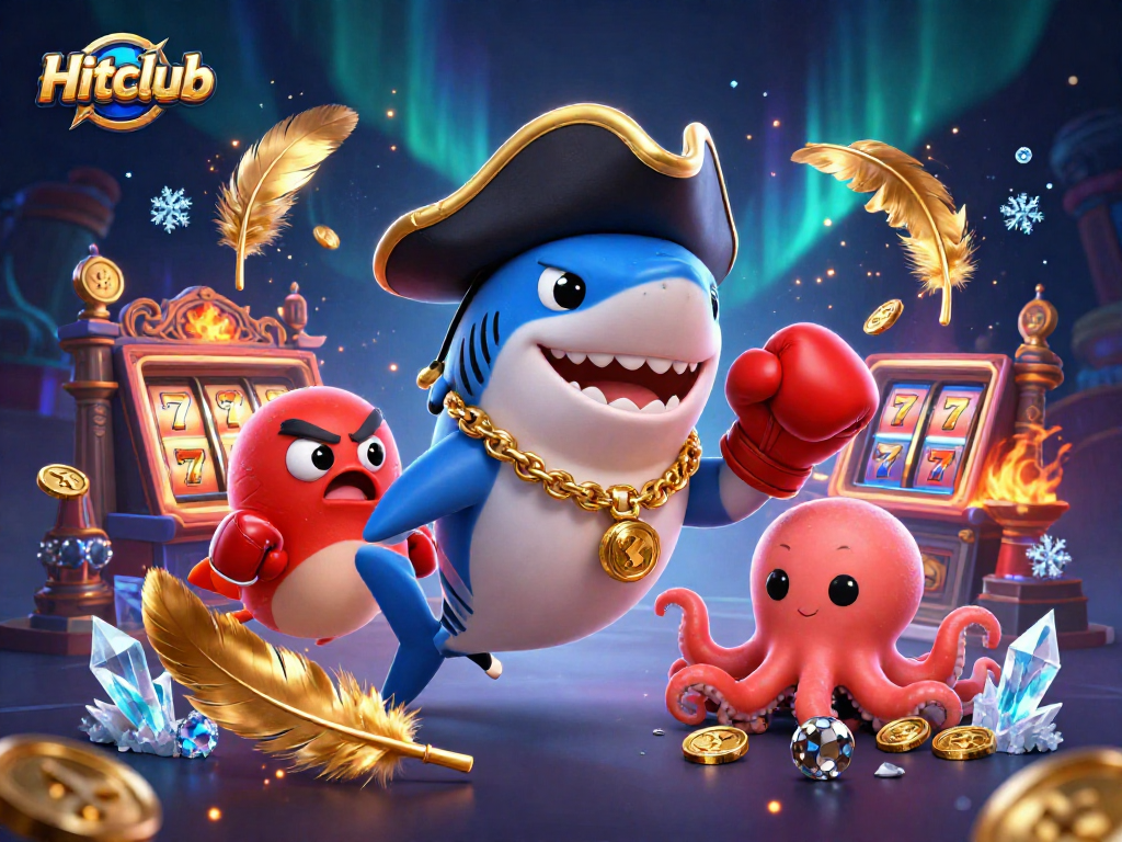 Hitclub's vibrant casino scene with a pirate shark, pufferfish, and octopus, immersed in winning excitement.