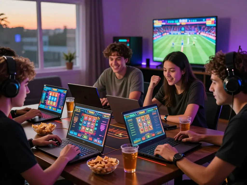 Friends enjoying an exciting TR88 gaming session with vibrant graphics and snacks.