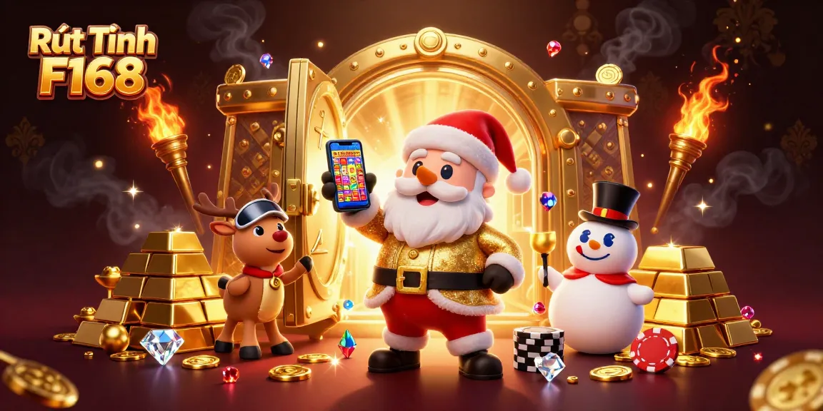 Engage in Rút Tiền F168 gameplay with a festive scene featuring Santa and winning symbols.