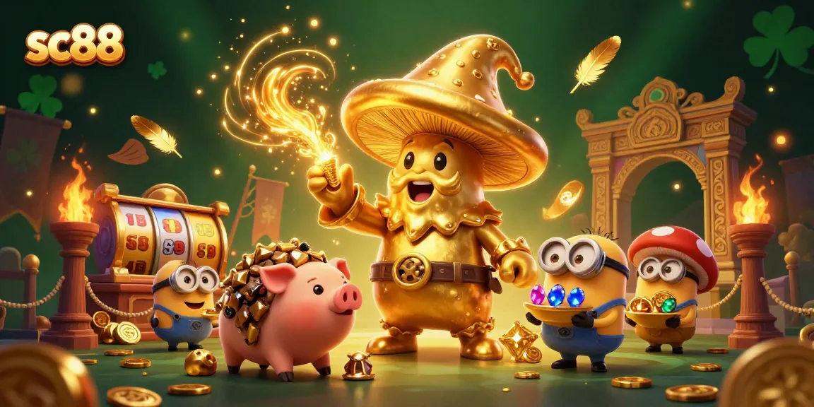 Win big with sc88 as golden mushroom wizard channels magic in a vibrant casino scene.