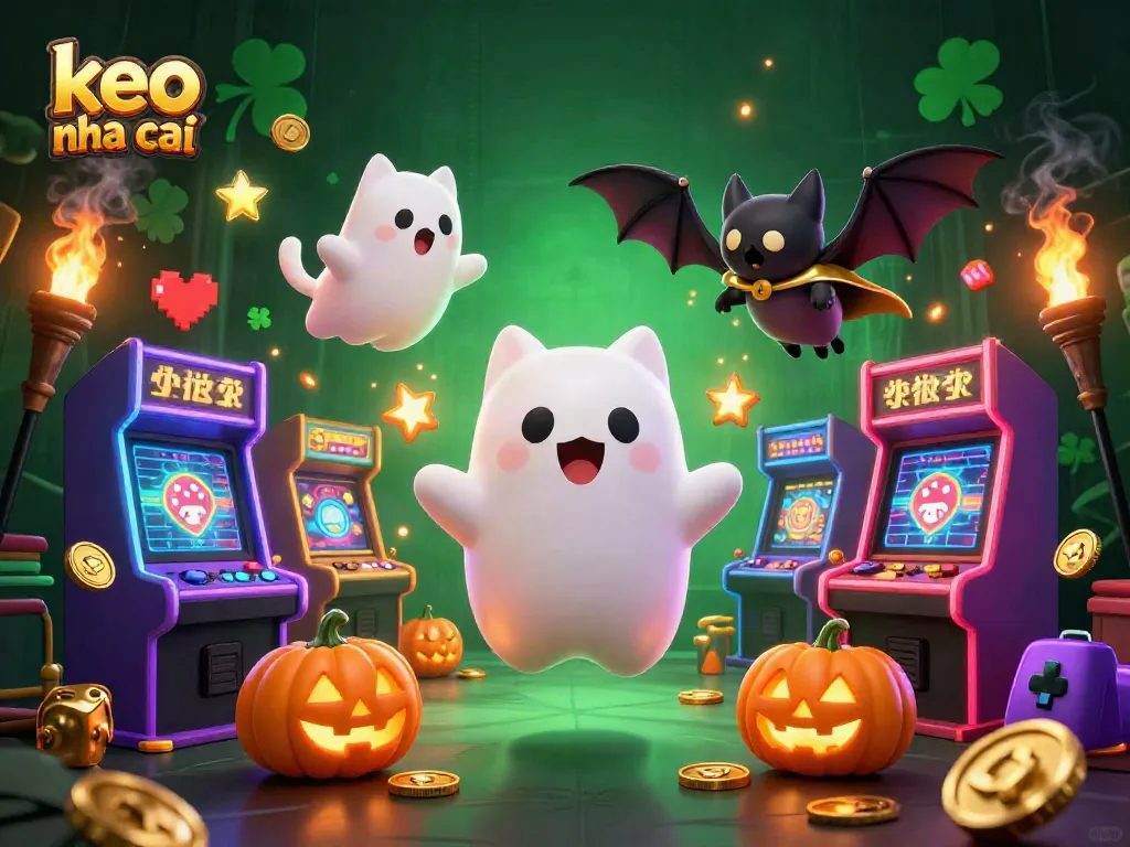 Experience thrilling betting with keo nha cai in a haunted casino setting filled with vibrant characters and arcade elements.