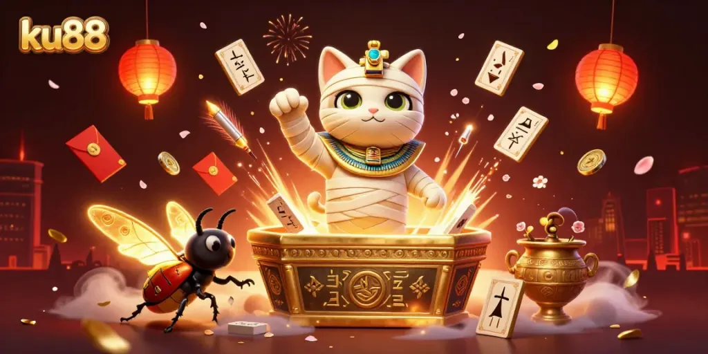 Experience the thrill of ku88 with a dynamic 3D illustration featuring a mummy cat and treasures in a vibrant casino