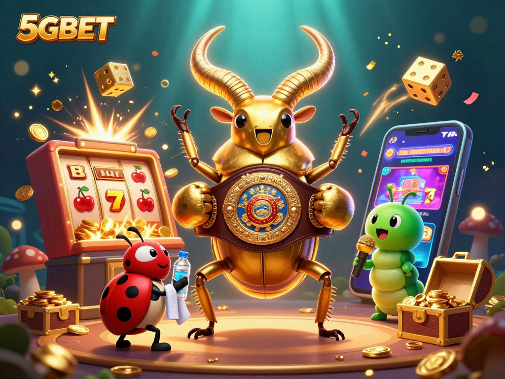 Engage with 5GBET's dynamic slot games featuring an animated scene with slots, dice, and exciting jackpots.