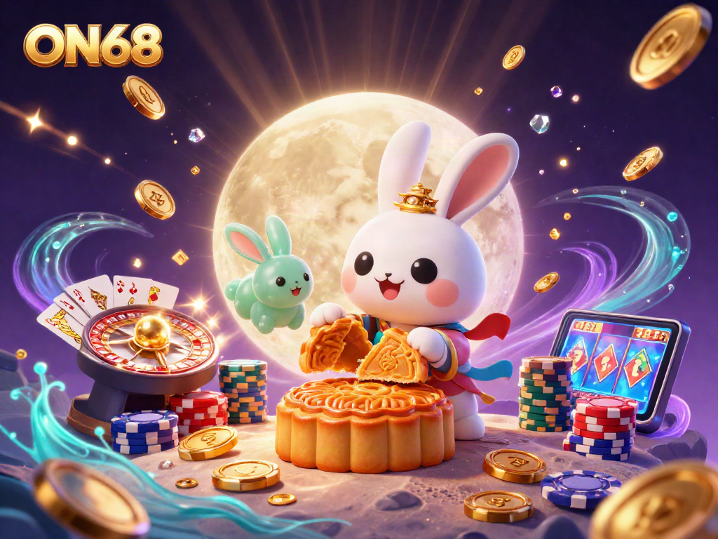 Engage with ON68 casino magic, featuring a moon rabbit and poker chips among dazzling treasures.