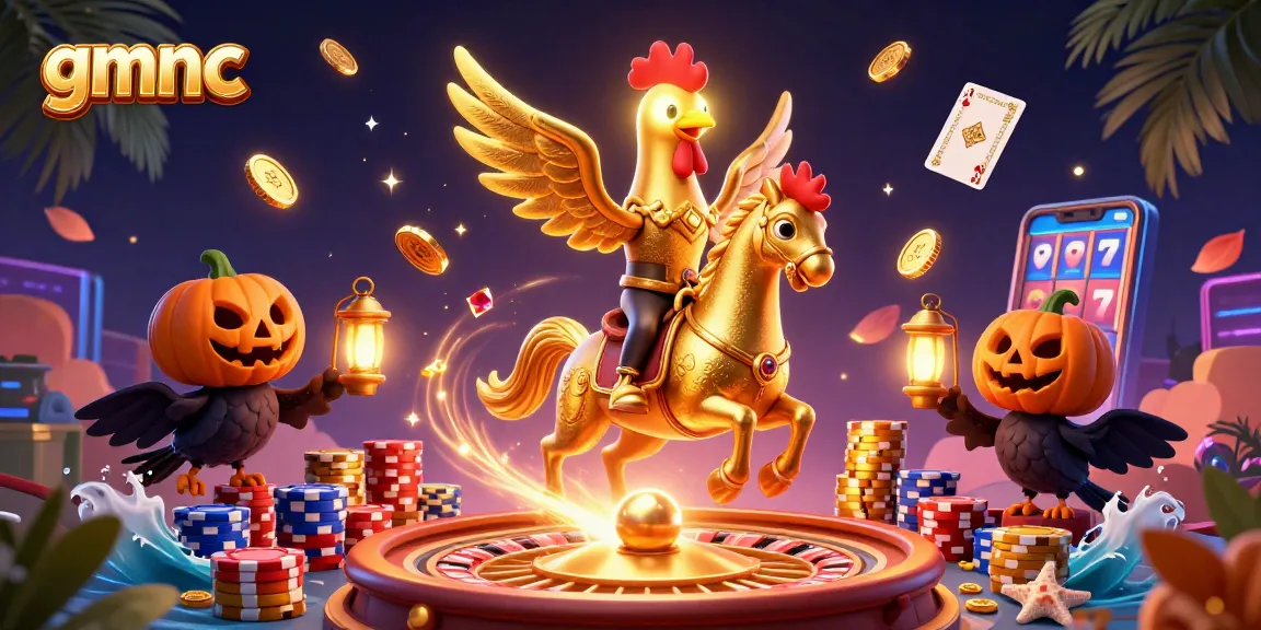 Experience the thrill of gmnc as a golden rooster rides through a luxurious midnight casino.
