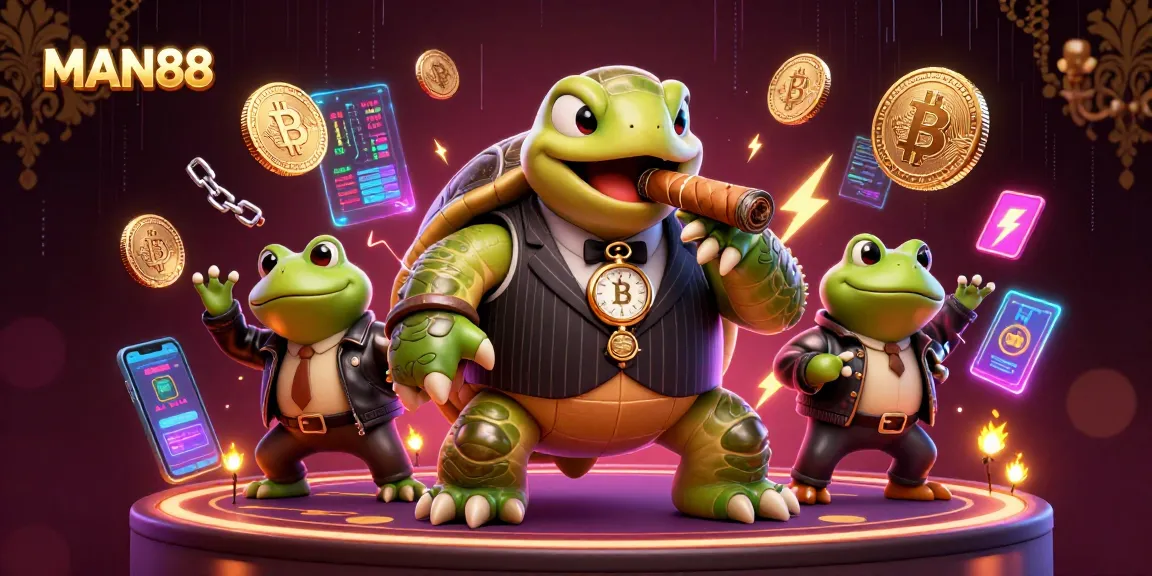 Engage with MAN88 in an exciting 3D casino scene featuring vibrant characters and crypto elements.