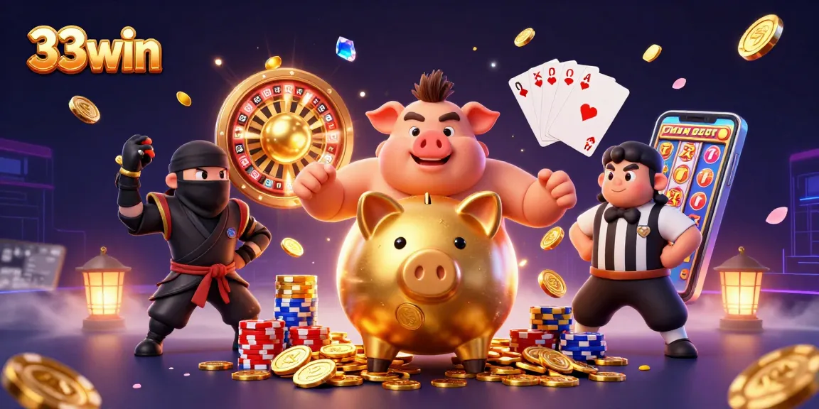Engage in thrilling action with 33win's vibrant casino characters, including a sumo wrestler and ninja.