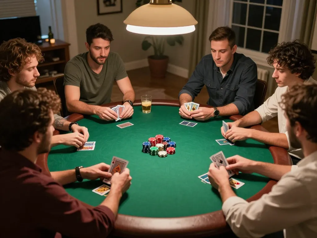 Players enjoying poker night at home, strategizing their next move on lc88, surrounded by chips and drinks