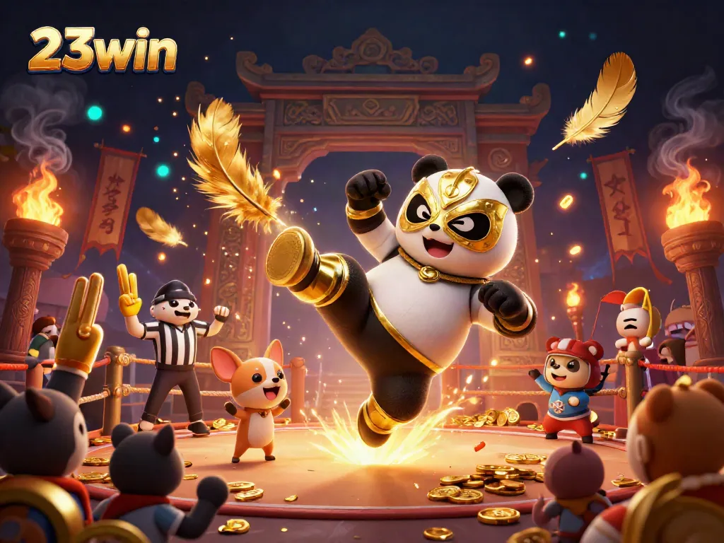 Experience the excitement of 23win with animated characters in a vibrant casino scene filled with golden game elements.