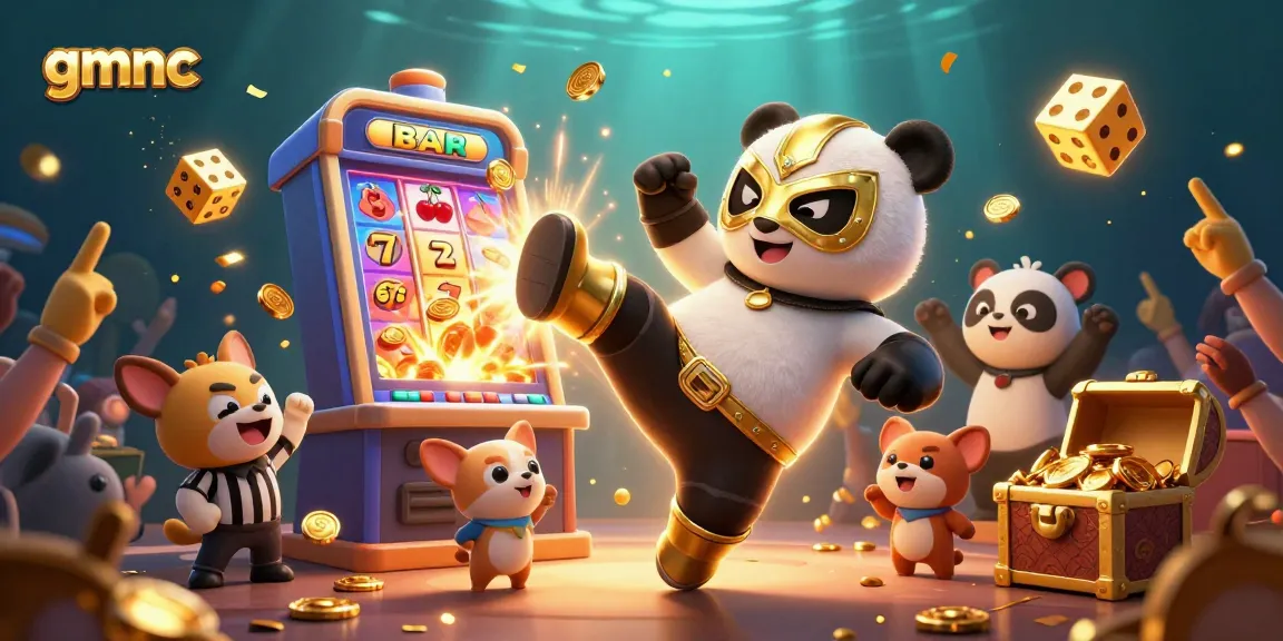Engage with gmnc as a lively scene featuring a panda wrestler and animated animal crowd celebrating winning in a vibrant casino.