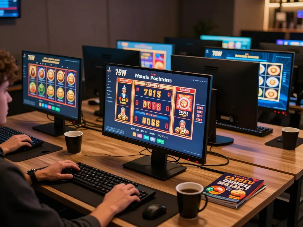 Engaging online gaming scene highlighting casino action on the 75W platform with multiple screens.