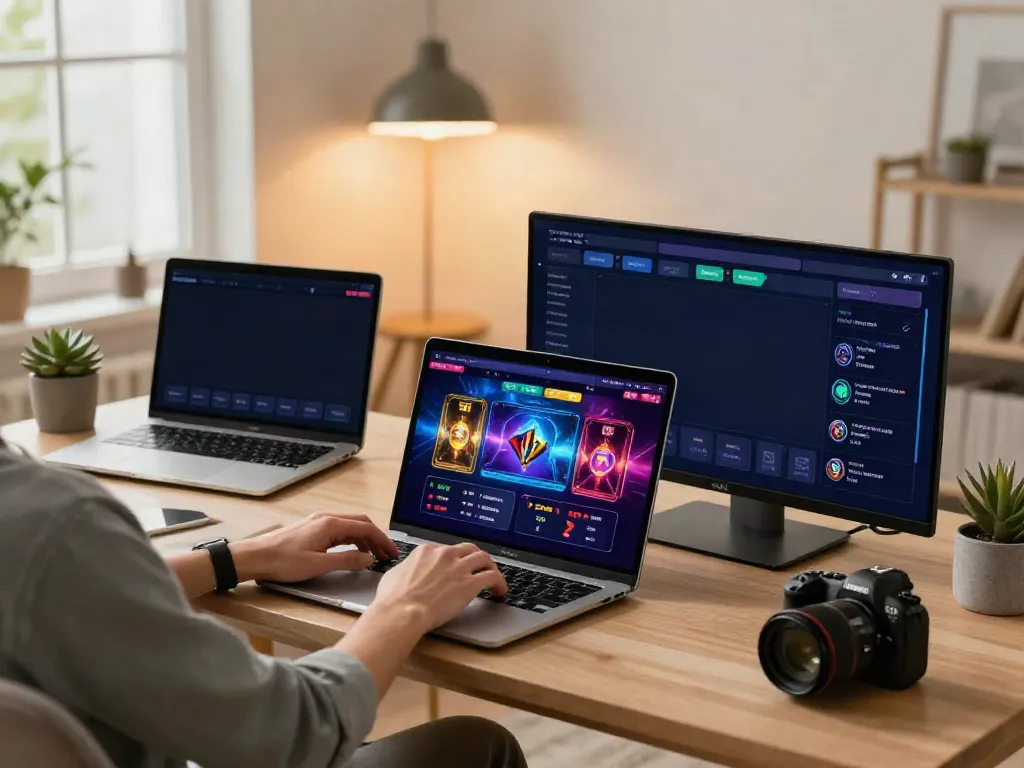 Online gambling experience with ta88 platform on laptop and smartphone notifications in a cozy home office.
