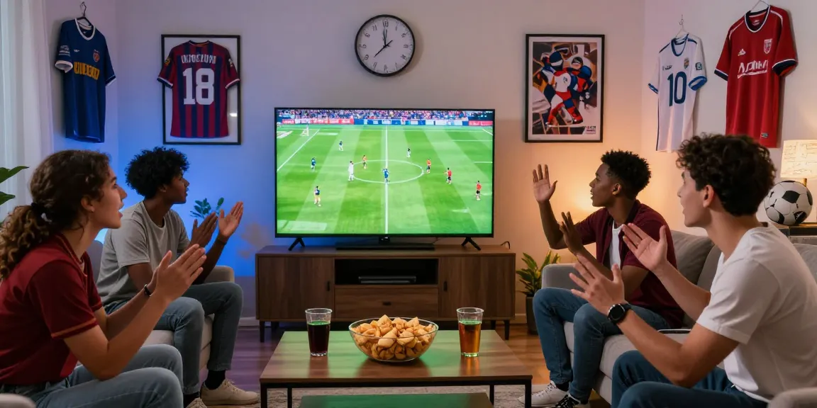 Fans enjoying bolakami live sports streaming at home with snacks and memorabilia.