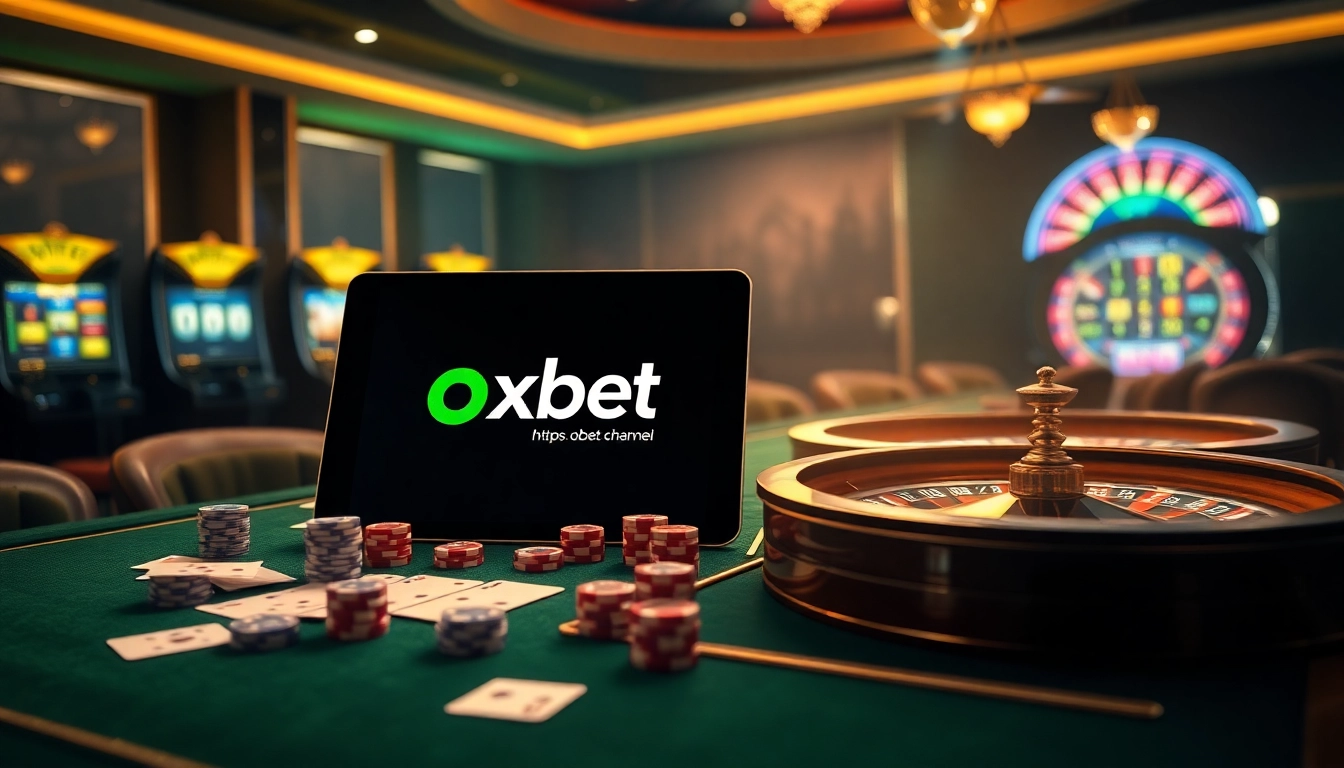 Engage with the stunning online gambling experience at https://oxbet.channel/, showcasing poker tables, dice, and vibrant slot machines.