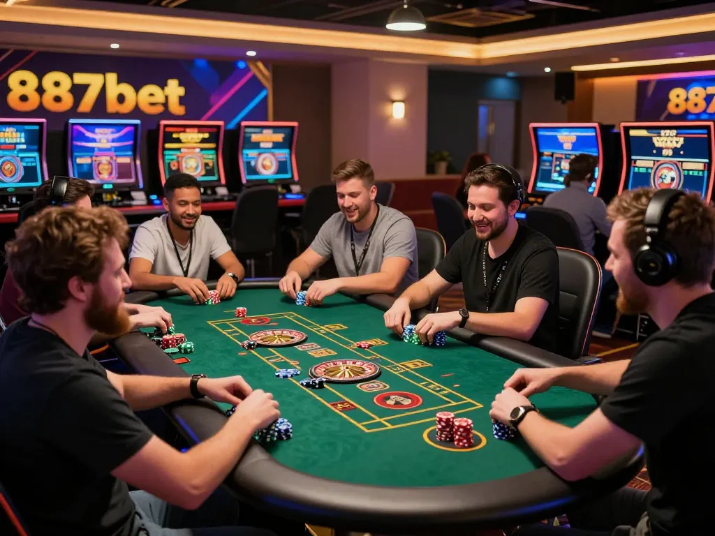 Live gaming atmosphere at 887bet with players enjoying roulette and blackjack.