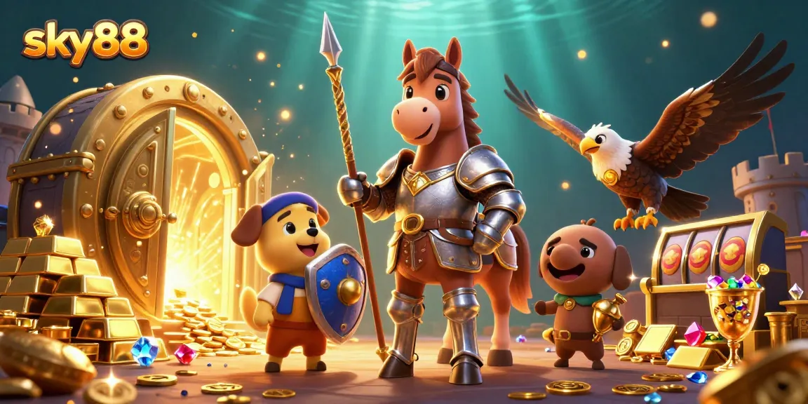 Engage in winning strategies at sky88 with a lively medieval gaming scene filled with treasures.