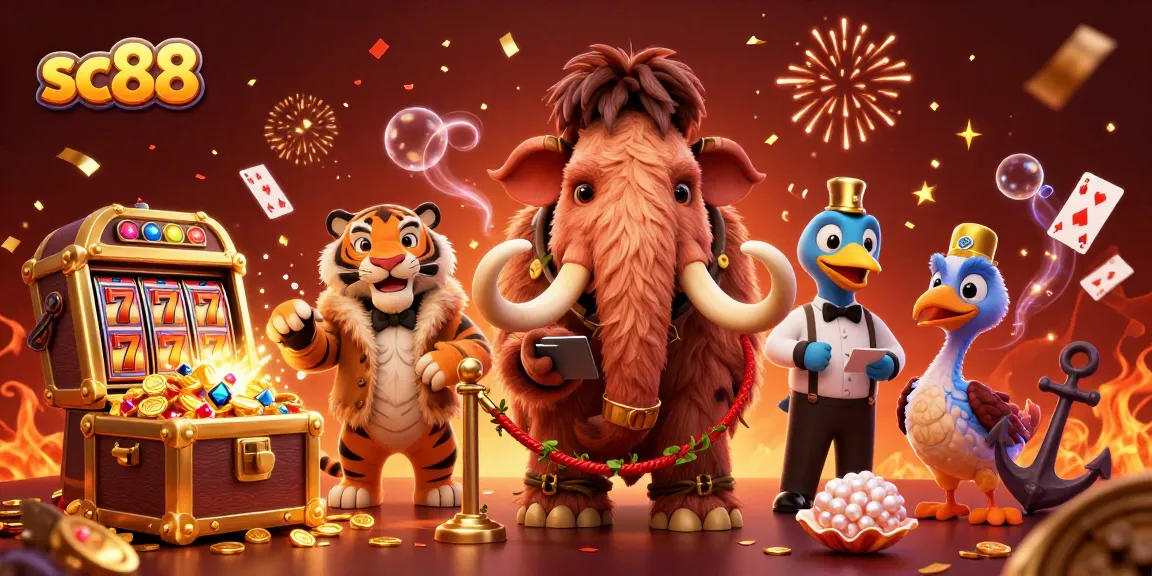 Engage in thrilling gameplay at sc88 with a cartoon mammoth bouncer, exciting slot machines, and VIP guests.