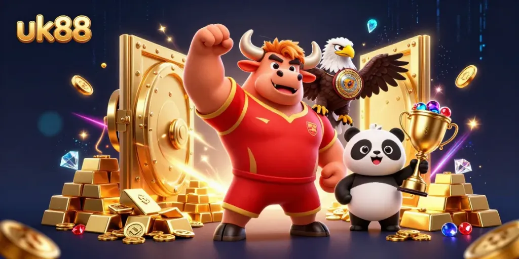 Celebrate wins at uk88 with the dynamic bull mascot, eagle champion, and joyful panda amidst treasures.