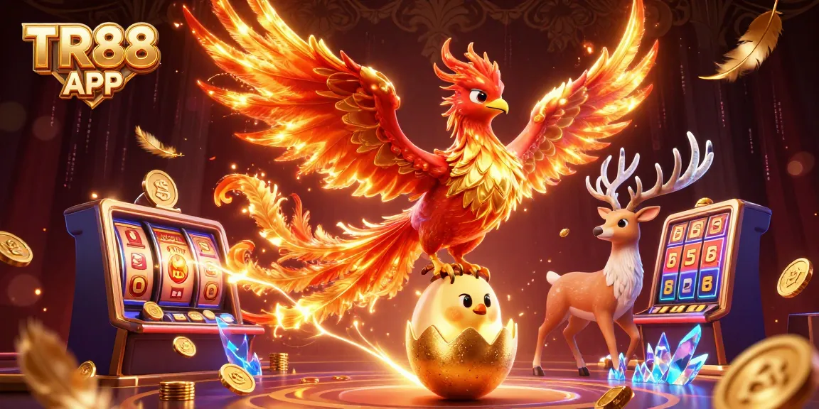 Engage with TR88 APP as a phoenix soars above a vibrant casino filled with golden tokens and immersive gaming elements.