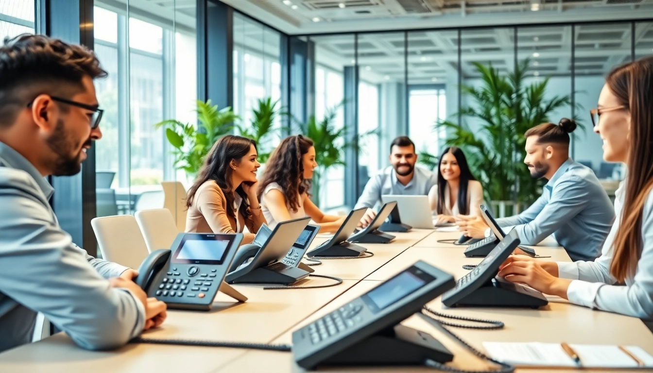 Showcase of business phone systems in an engaging office environment with modern setups.