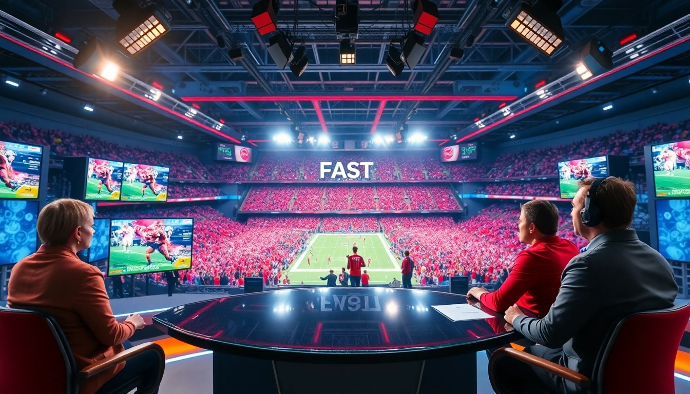 Engaging sports broadcasting studio showcasing hosts analyzing live game highlights.