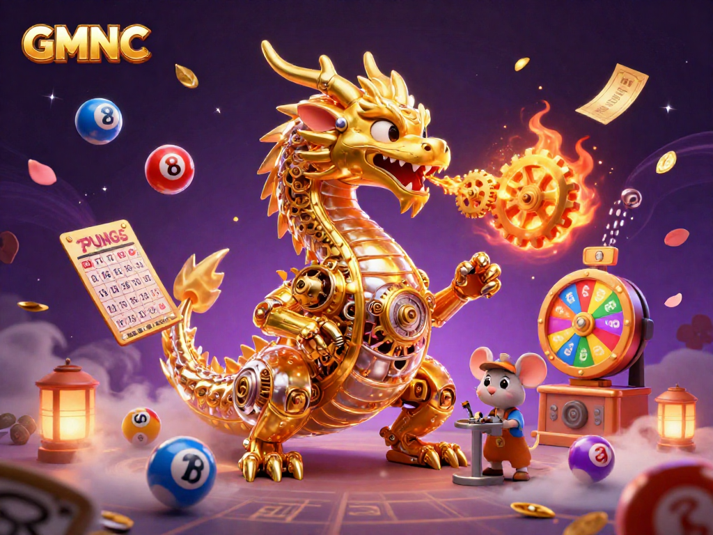 Engage with GMNC's vibrant gameplay featuring a dynamic lottery scene with a golden dragon and exciting game elements.