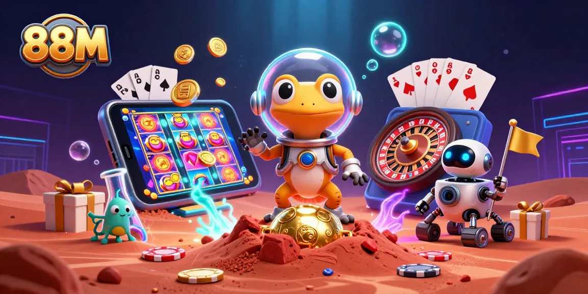 Experience thrilling gaming at 88M with an innovative Mars-themed illustration featuring vibrant casino elements.