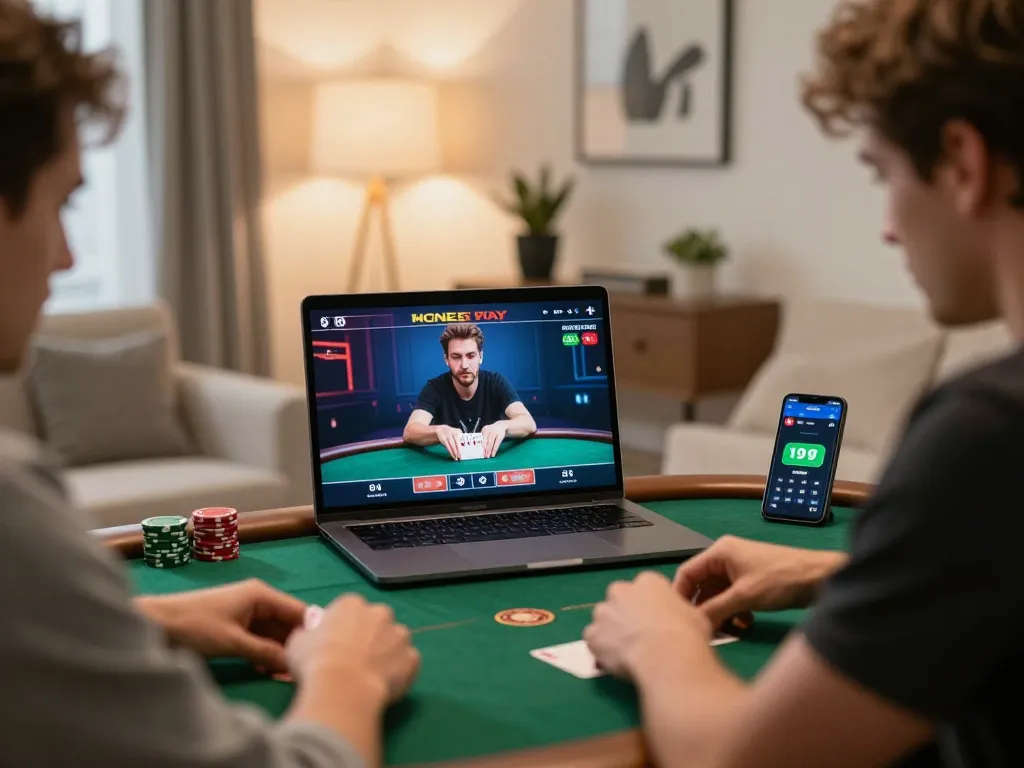 Engaged player using laptop for 688v online poker game, showcased in a cozy home setting