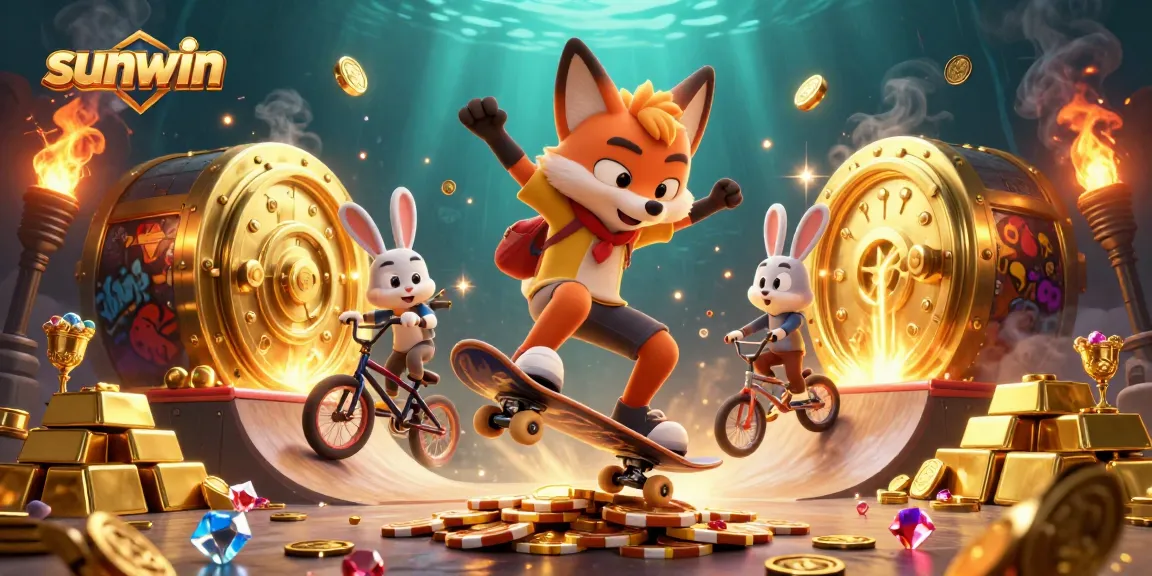 Experience the thrill of sunwin with a vibrant 3D casino scene featuring a skateboarder fox and BMX rabbit amidst gold treasures.