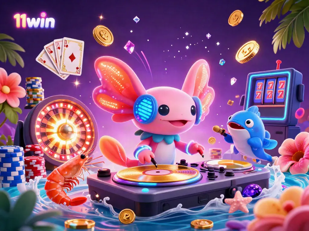 Experience thrilling excitement at 11win with a vibrant underwater party featuring a neon axolotl DJ and animated sea creatures.