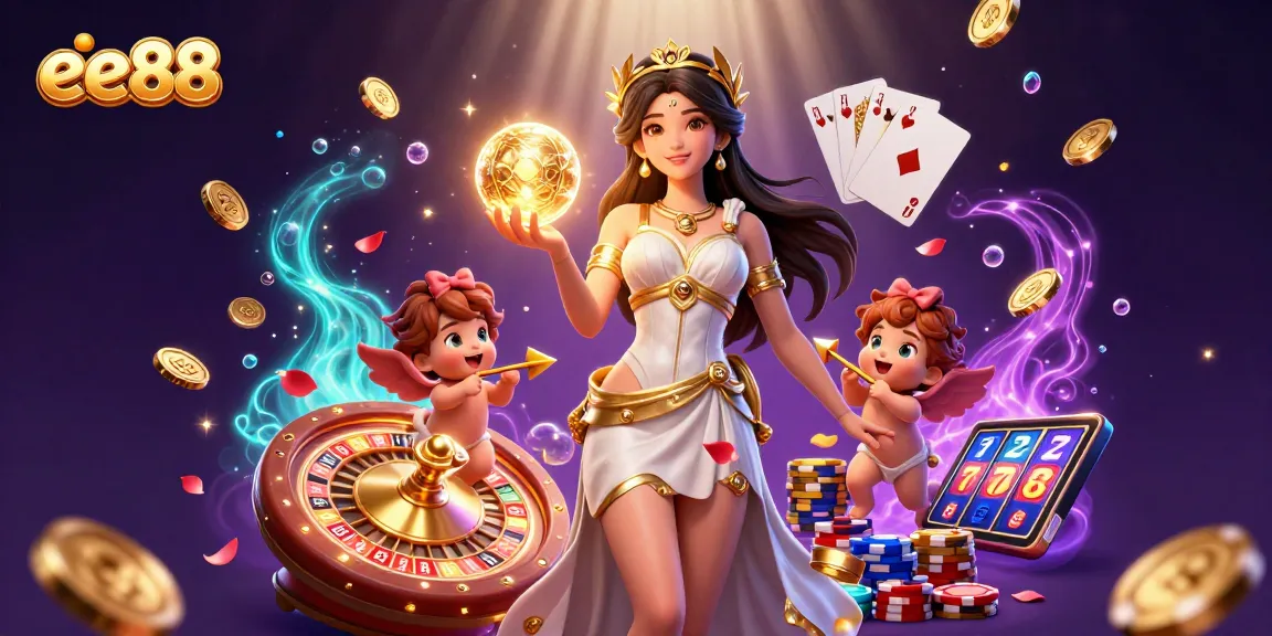 Experience dazzling ee88 casino action with a Grecian goddess amidst vibrant gaming elements.