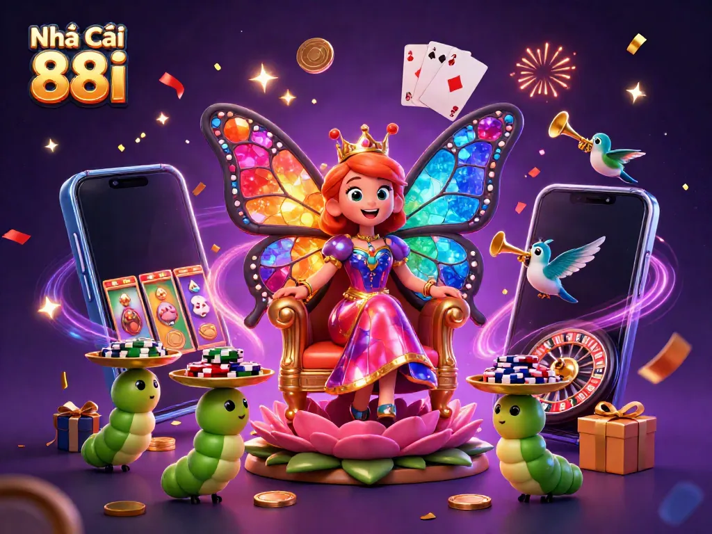 Engaging 3D illustration showcasing Nhà cái 88i's vibrant casino theme with a colorful butterfly queen and interactive gaming elements.