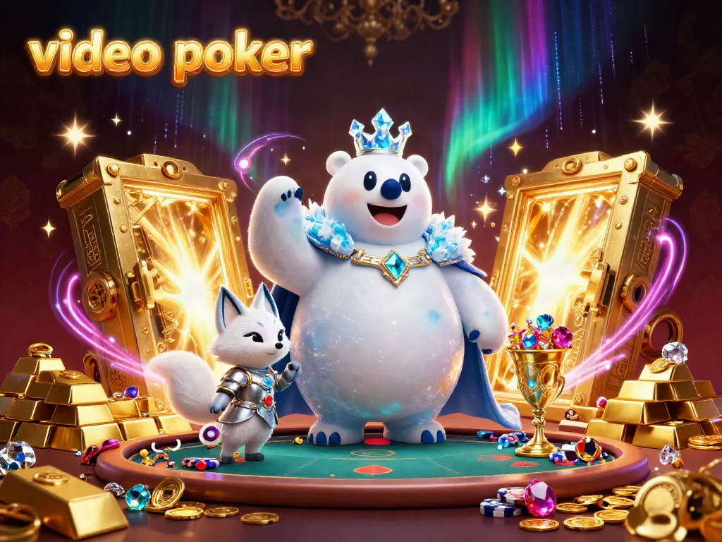 Players engaging with video poker machines among treasure and glimmering gems.
