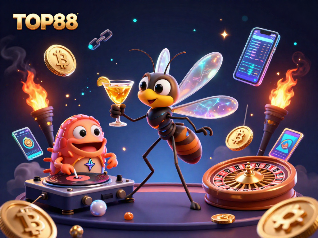 Experience the vibrant action at TOP88 with a unique casino scene featuring creative characters and elements.