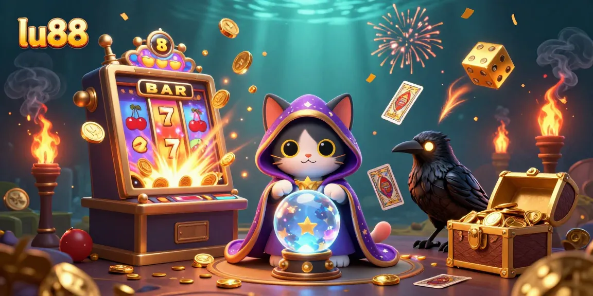 Experience thrilling casino action at lu88 with a dynamic 3D illustration featuring mystical characters and slot games.