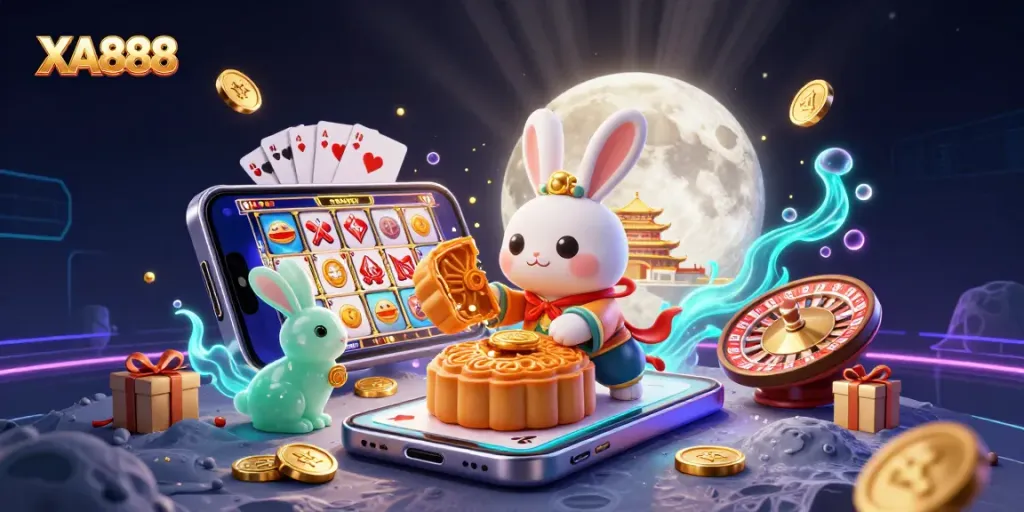 Engage in gaming with XA888 showcasing a vibrant casino scene featuring a moon rabbit, slot games, poker chips, and golden coins.