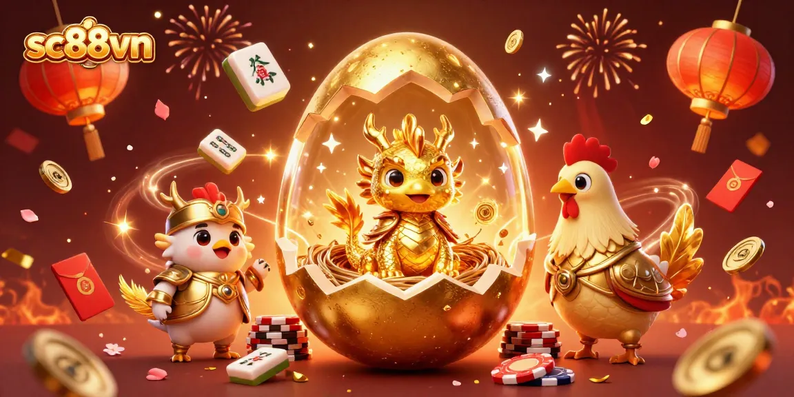 Experience the excitement of sc88vn with a golden dragon, poker chips, and festive decorations.