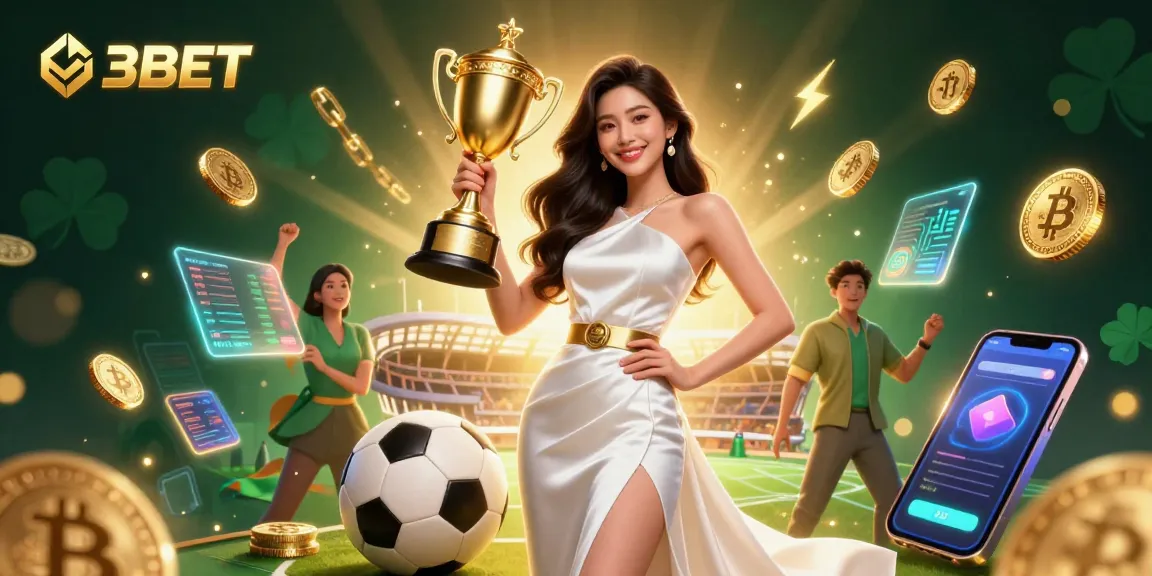 Experience the excitement of 3BET with a victorious Asian woman holding a trophy, surrounded by vibrant casino and sports betting elements.