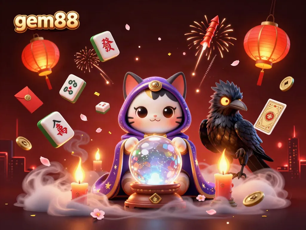 Experience gem88's thrilling adventure with a mystic cat, tarot raven, and exciting casino elements in stunning 3D.