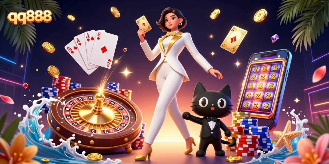Jogue cartas no qq888 com um dealer glamouroso e um gato encantador em um vibrante cenário de cassino.