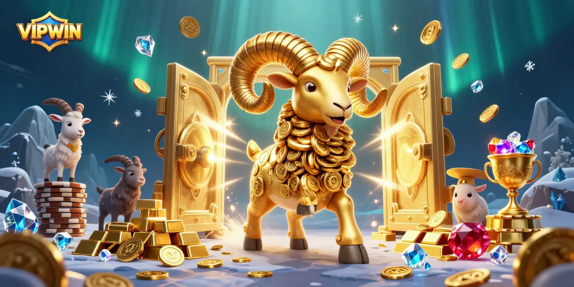 Experience thrilling action at VIPWIN with a golden ram charging through shimmering wealth in a vibrant scene.