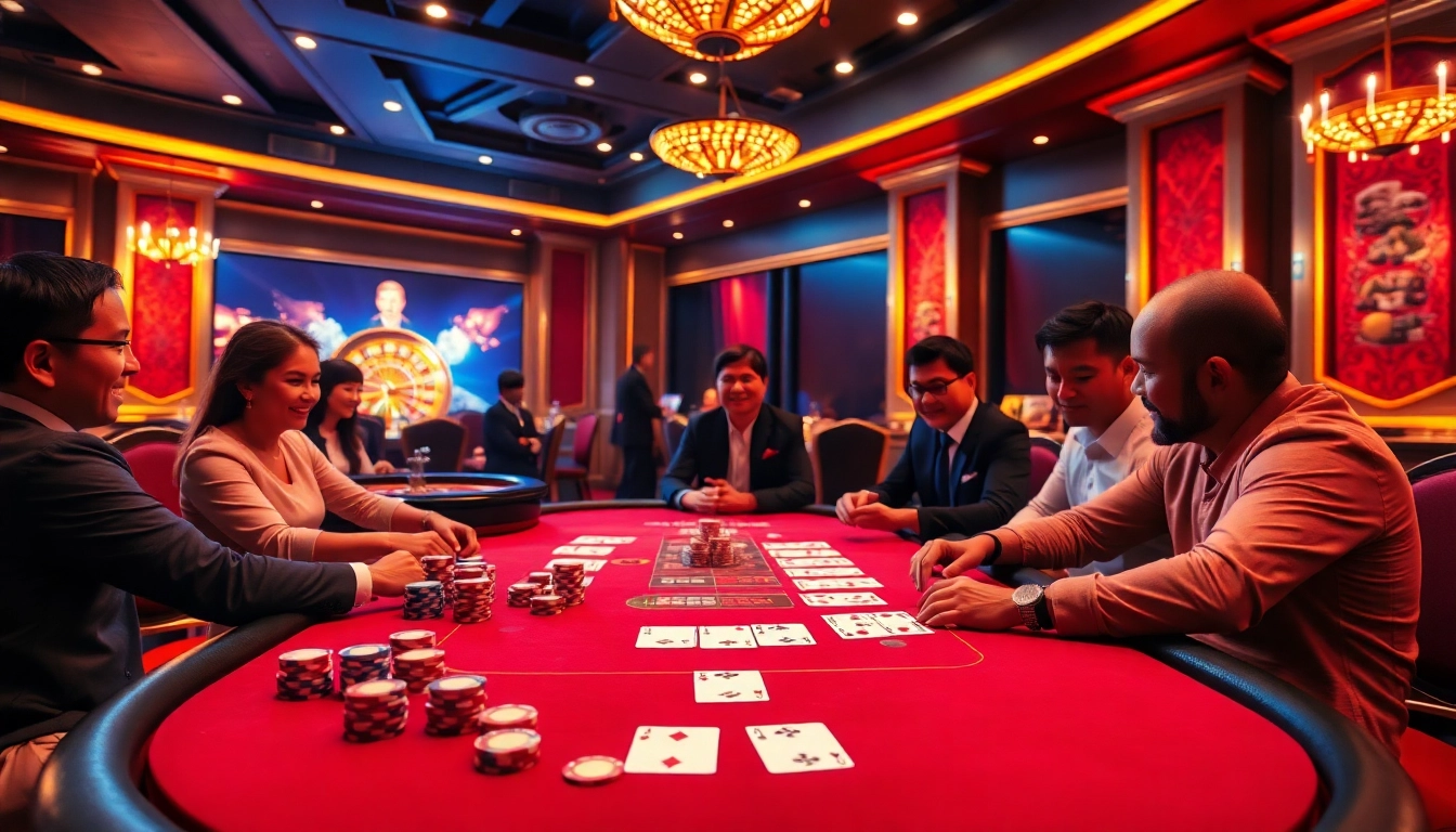 A vibrant casino scene showcasing poker gameplay and online gambling elements with bongdanet branding.