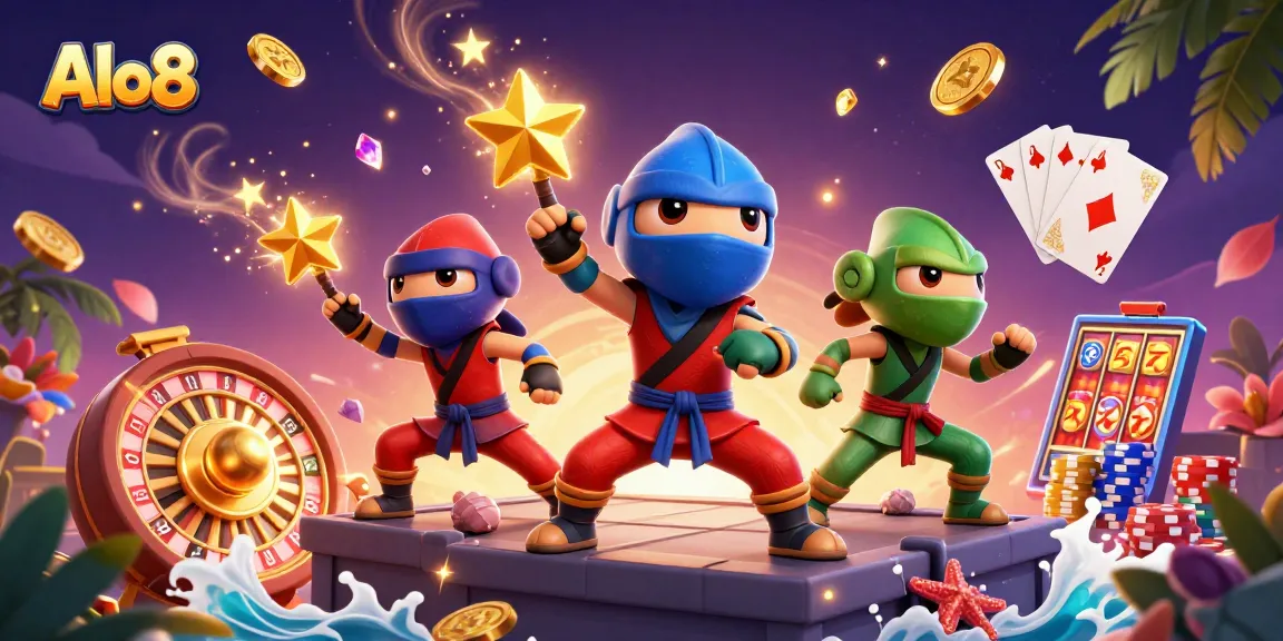 Alo8 engages players with a vibrant casino scene featuring chameleon ninjas, roulette, and gold coins.