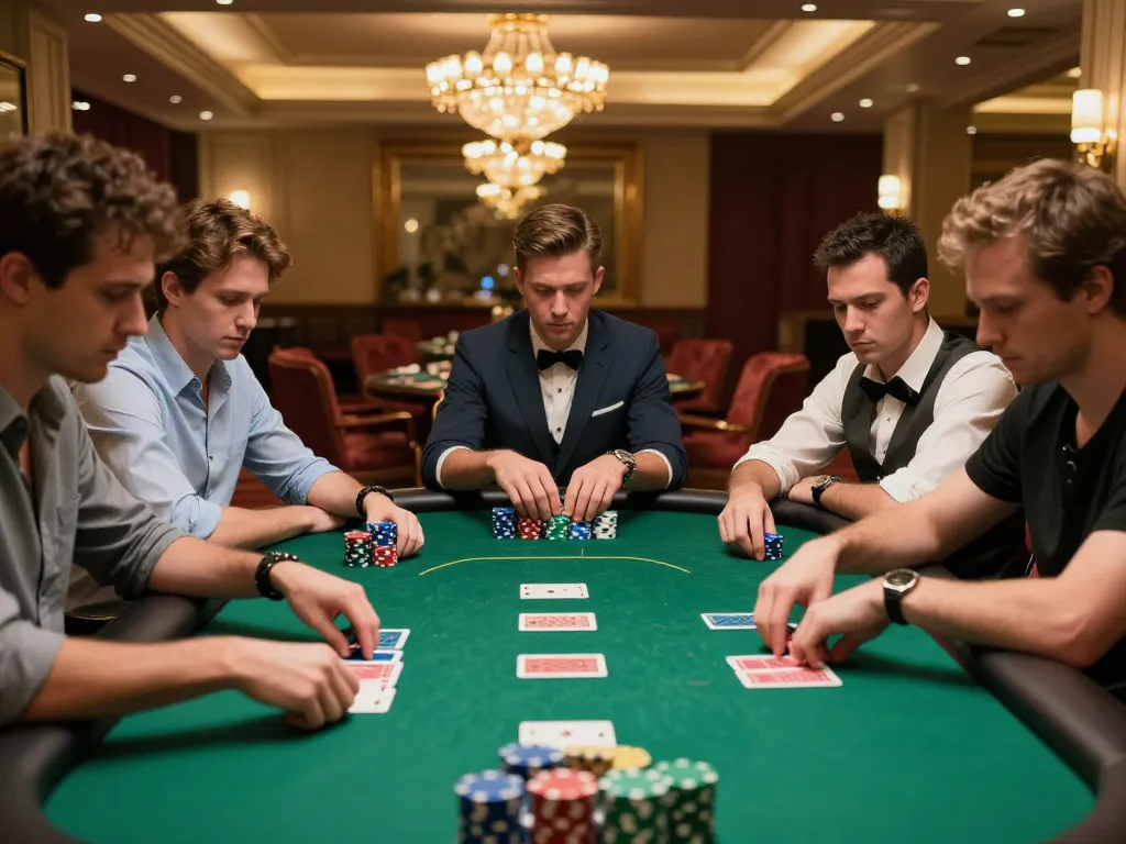 lc88pro players strategizing their moves at a high-stakes poker table in a vibrant casino.