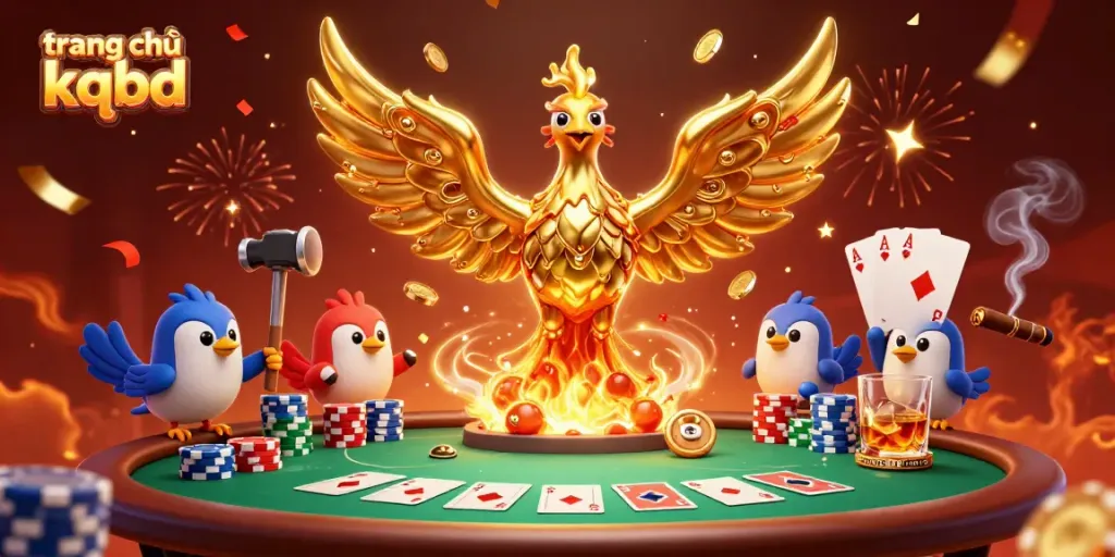 Witness the dynamic scene of a golden phoenix amidst poker elements, showcasing trang chủ kqbd and thrilling gambling action.