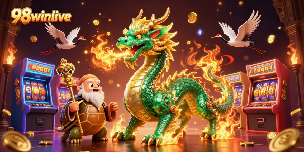 Experience thrilling gameplay at 98winlive, featuring a vibrant 3D casino environment with dragons and game elements.