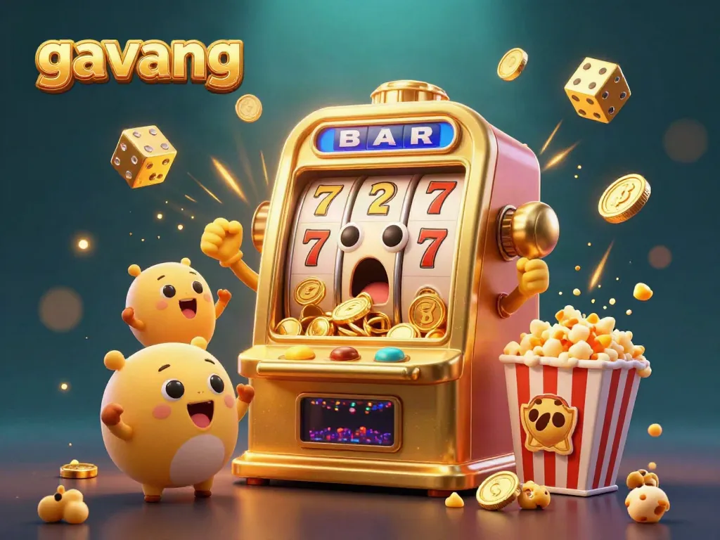 Experience the excitement of gavang with this vibrant slot machine jackpot scene filled with coins and cheering companions.