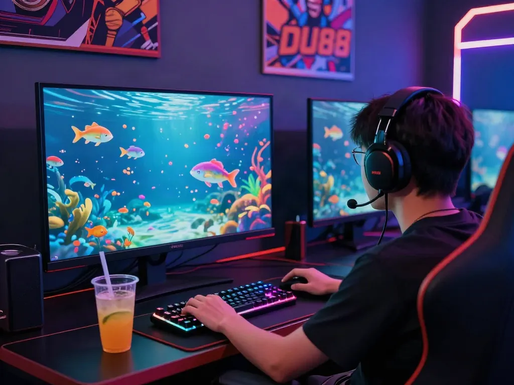 Enthusiastic player enjoying DU88 fish shooting game with vibrant visuals and gaming setup