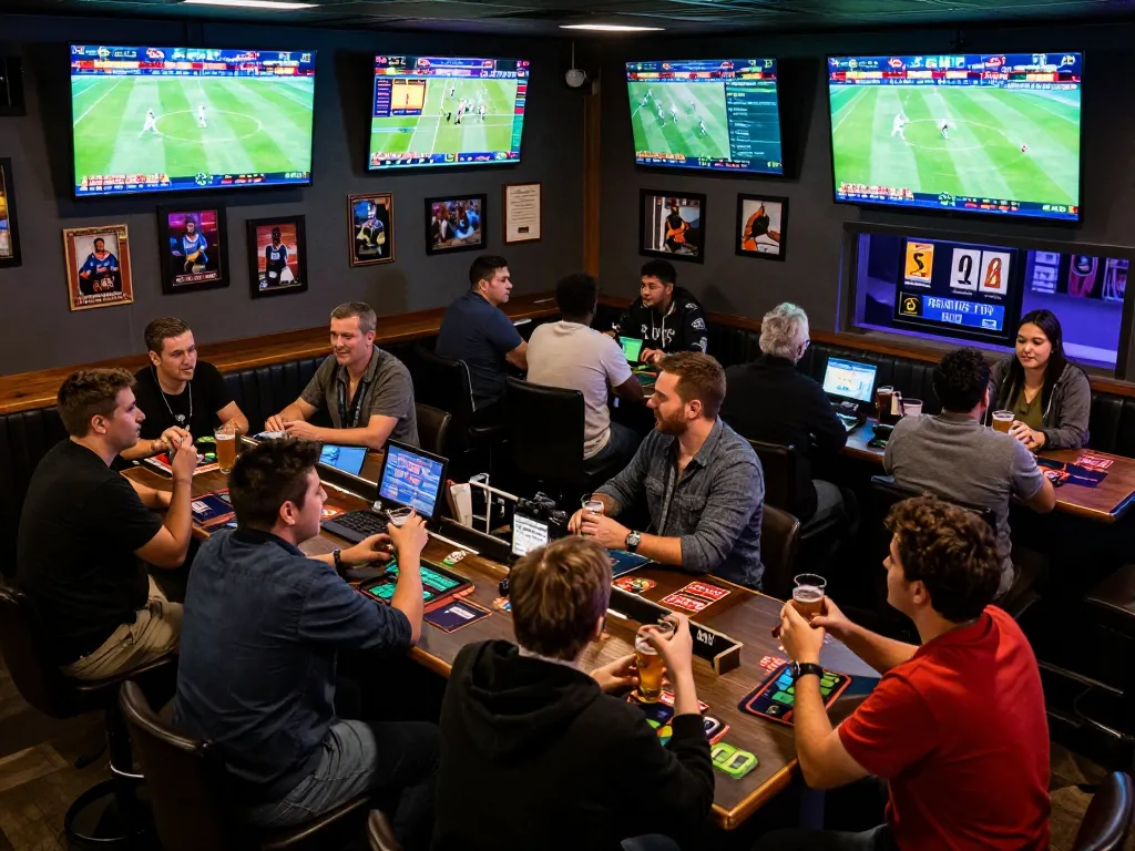 Engaged patrons actively betting on live games at Trang chủ KP88 in a vibrant sports bar.